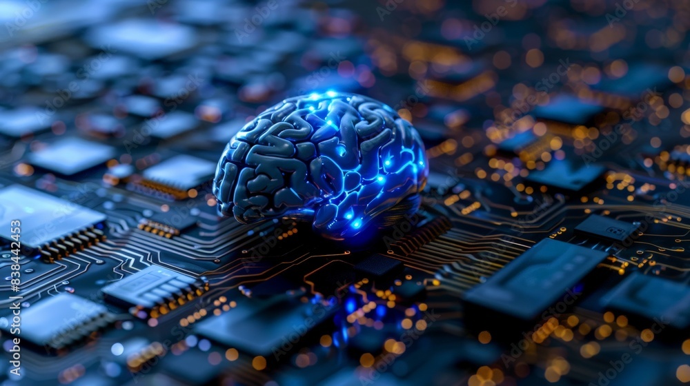 Poster a close-up image showcasing a detailed model of a human brain resting on a circuit board, representi