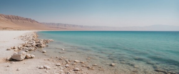 Beautiful view of salty Dead Sea shore with clear water Israel.