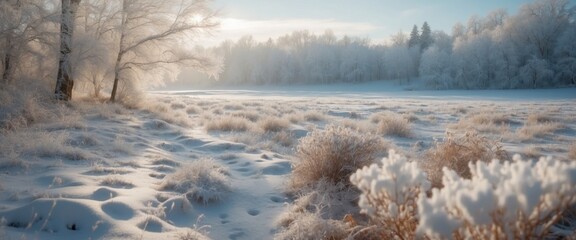 Beautiful natural landscape of winter park with snowdrifts, bushes, trees covered with frost and snow caps, illuminated by soft sunlight.