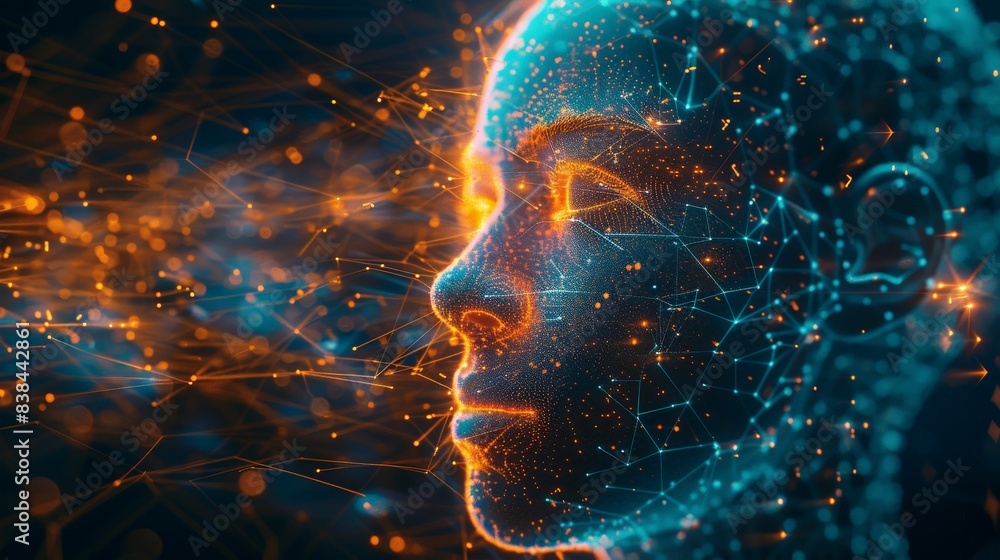 Poster a digital rendering of a human profile, illuminated with glowing lights and connected by lines to re