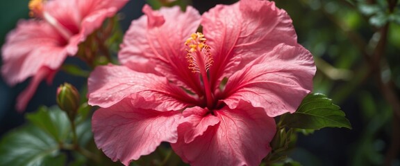 Beautiful pink Hibiscus flower close up Bright nature background.