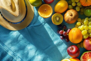 Top view of a straw hat and fresh summer fruit on a blue towel with copy space.