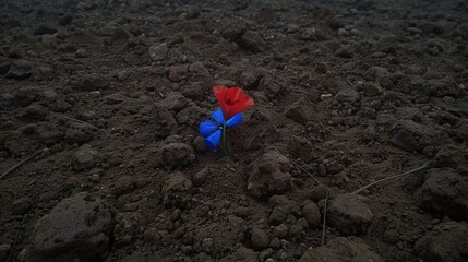   A blue and red flower sits in a dirt field amidst rocks and a dark sky