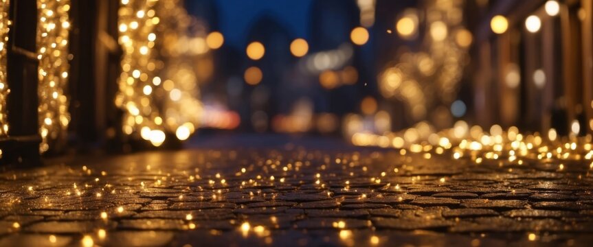 Abstract glittering background of garland on the street Blurry bokeh of night golden lights. - Powered by Adobe