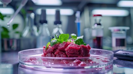 A close-up image of lab-grown meat in a petri dish with basil leaves
