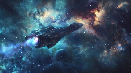 Futuristic Spaceship Soaring through Vibrant Cosmic Nebula with Glowing Celestial Objects