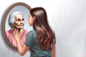 Fototapeta premium The girl looks in the mirror and sees an old woman in it. Space for text.