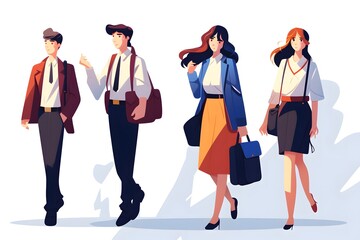 Fototapeta premium Business People Walking Illustration, Professional Attire, Office Workers, Cartoon Style, Business Casual, Walking Together, Vector Art