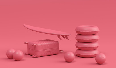 Colorful surfboard, beach rings and luggage on monochrome background.