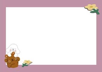 cute dog with bear couple with little flower frame. illustration card border