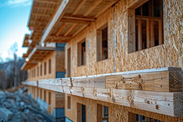 New residential construction home framing against a blue sky. Roofing construction. Wooden construction. Construction of a wooden house