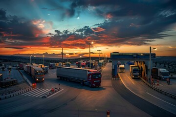 Evening Sky Border Crossing with Trucks Waiting for Customs Clearance
