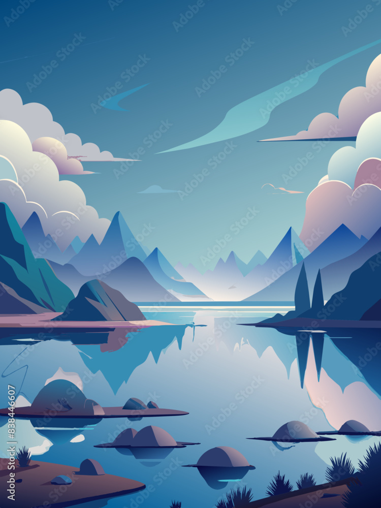 Wall mural Serene Lake Landscape with Majestic Mountains at Dusk - Wall murals