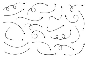 Collection of curved arrows. Set simple curved hand drawn arrows. Collection of pointers.