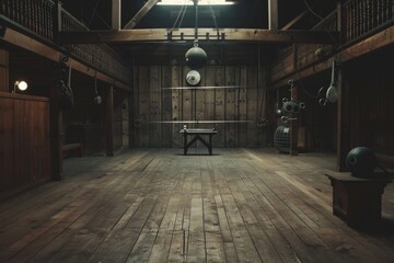 Nostalgic Fencing Salle with Vintage Equipment and Wooden Floors – Perfect for Historical Sports Themes