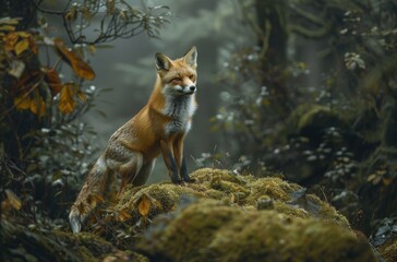 Naklejka premium A fox standing on mossy rocks in the forest 