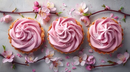   Three cupcakes with pink frosting sit atop a table adjacent to a pink-flowered branch