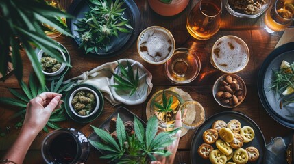 Trendy Cannabis Infused Dinner Party with Elegant Table Setting and Gourmet Dishes