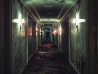Creepy hallway in an old hotel, with flickering lights and dark, mysterious stains on the carpet, where strange sounds can be heard from behind closed doors 