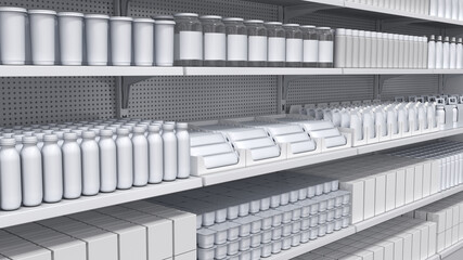 Supermarket grocery shelves mockup with blank dairy products in plastic packaging and glass jars. 3d illustration
