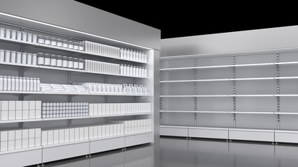 Supermarket grocery display racks with empty shelves and with blank products, design template for mockup. 3d illustration on dark background © Wire_man