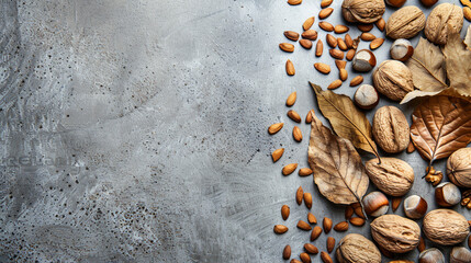Flat lay image of nuts, walnuts, hazelnuts, on grey surface with dried leaves and copy space - Powered by Adobe