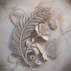A stunning 3D render illustration of a luxurious marble backdrop, adorned with intricate silhouettes of a feather, flower, and butterfly.