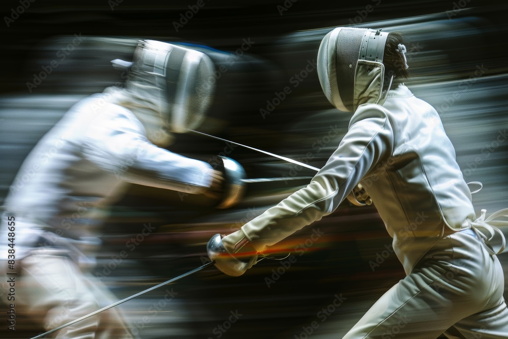 Poster dynamic duel of fencers in intense bout with blurred background emphasizing focus and engagement