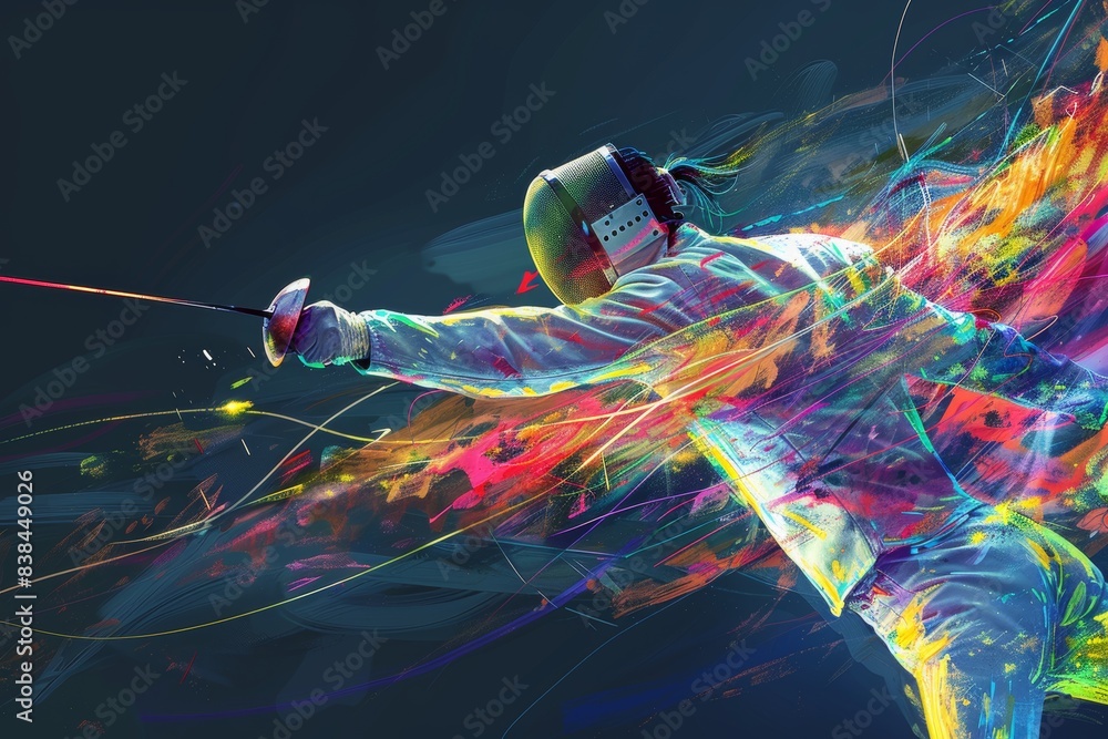 Poster dynamic illustration of fencing as an elegant art form with abstract colorful patterns
