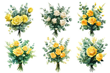 set of 6 bouquet of yellow roses, watercolor, clipart, isolated on white background