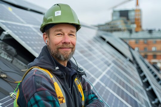 Rooftop solar panels, technician, Oslo City Hall backdrop urban sustainability under Nordic skies, Oslox27s radiant future