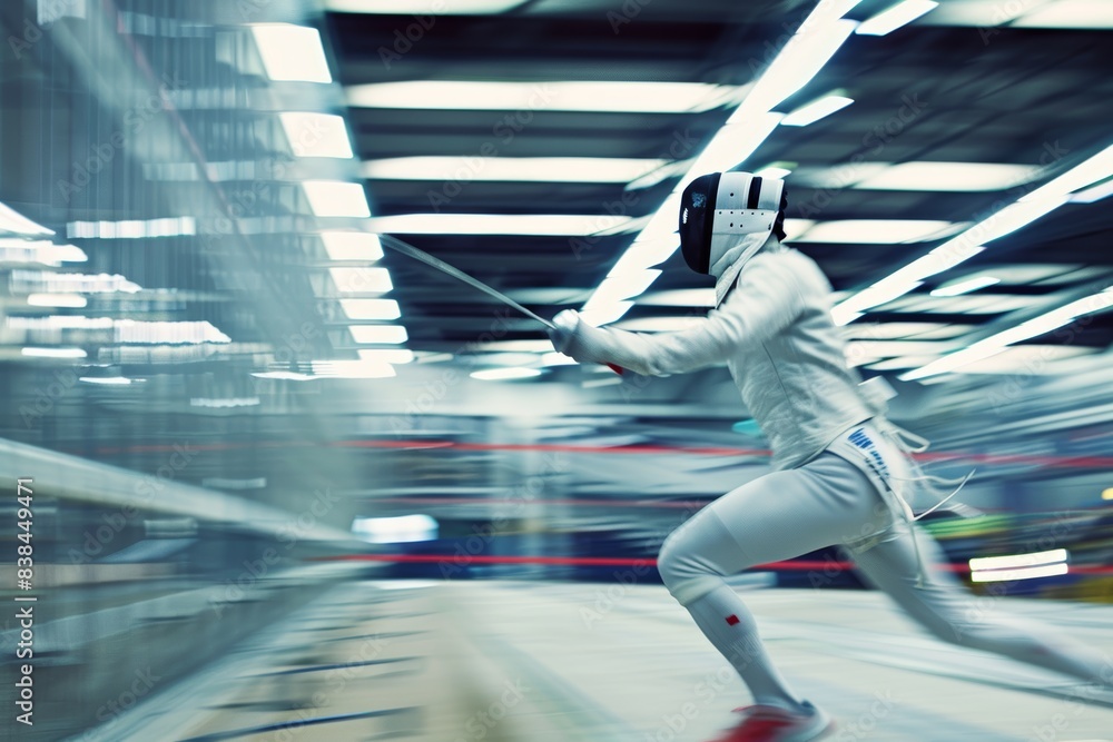 Poster dynamic olympian fencing action with motion blur highlighting speed and precision