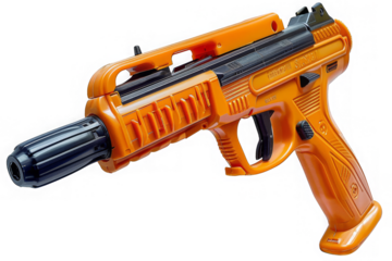 Bright orange plastic toy water gun isolated on white background. Fun and playful toy for kids and outdoor summer activities.