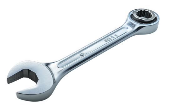 Close-up of a metallic wrench isolated on a white background, showcasing its design and construction. Ideal for mechanical and industrial purposes.