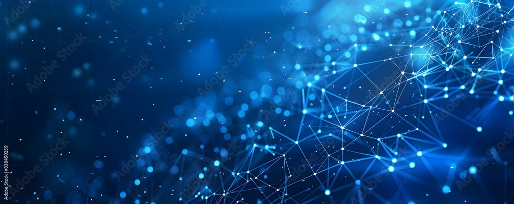 Poster abstract blue background with glowing lines and dots forming an interconnected network pattern, symb