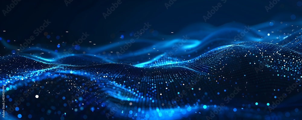 Poster abstract blue background with glowing lines and dots forming an interconnected network pattern, symb