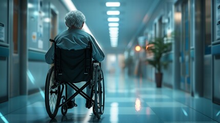 Obraz premium Elderly patient in a wheelchair waiting in a hospital hallway, medical, photorealistic, soft lighting, high resolution 8K , high-resolution, ultra HD,up32K HD