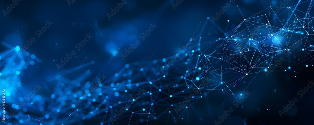 Poster abstract blue digital technology background with network connections and glowing dots on dark space 