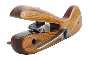 Close-up of a wooden hand plane, featuring polished metal parts, ideal for carpentry, woodworking, and vintage tool collections.