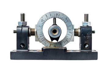 Close-up view of a precision measuring instrument with metal components and intricate details, isolated on a white background.