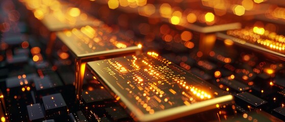 Obraz premium Gold bars with abstract digital financial data and glowing lights, tech, digital art, neon colors, high contrast 8K , high-resolution, ultra HD,up32K HD