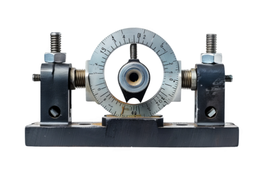 Close-up view of a precision measuring instrument with metal components and intricate details, isolated on a white background.