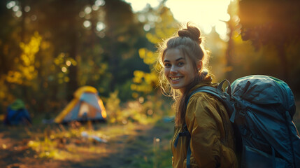 Hapy young woman smiling between the camp tents in a campsite