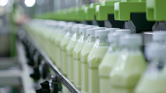 Milk bottles filling line in a factory