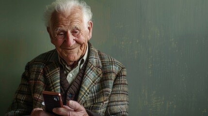 Elderly Man with Plaid Jacket Holding Smartphone and Smiling