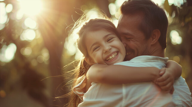 Little girl hug her father witg ful of happines and joy