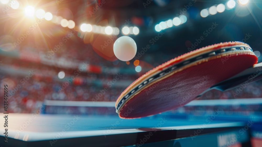 Poster dynamic close-up of table tennis racket and ball in action during intense olympic game