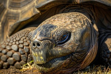 Obraz premium Galápagos Tortoise Basking in the Sun with Reflective Eyes