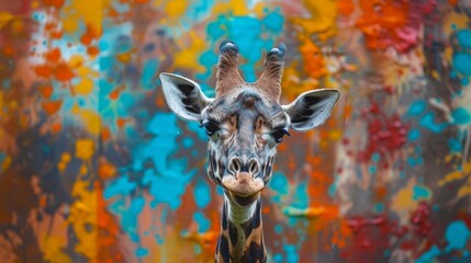 A giraffe reaches up to leaves with a background of colorful paint splashes blending natural elegance with artistic flair