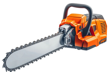 Naklejka premium High-quality orange chainsaw with sharp blade, ideal for wood cutting and forestry work. Professional tool for heavy-duty outdoor tasks.